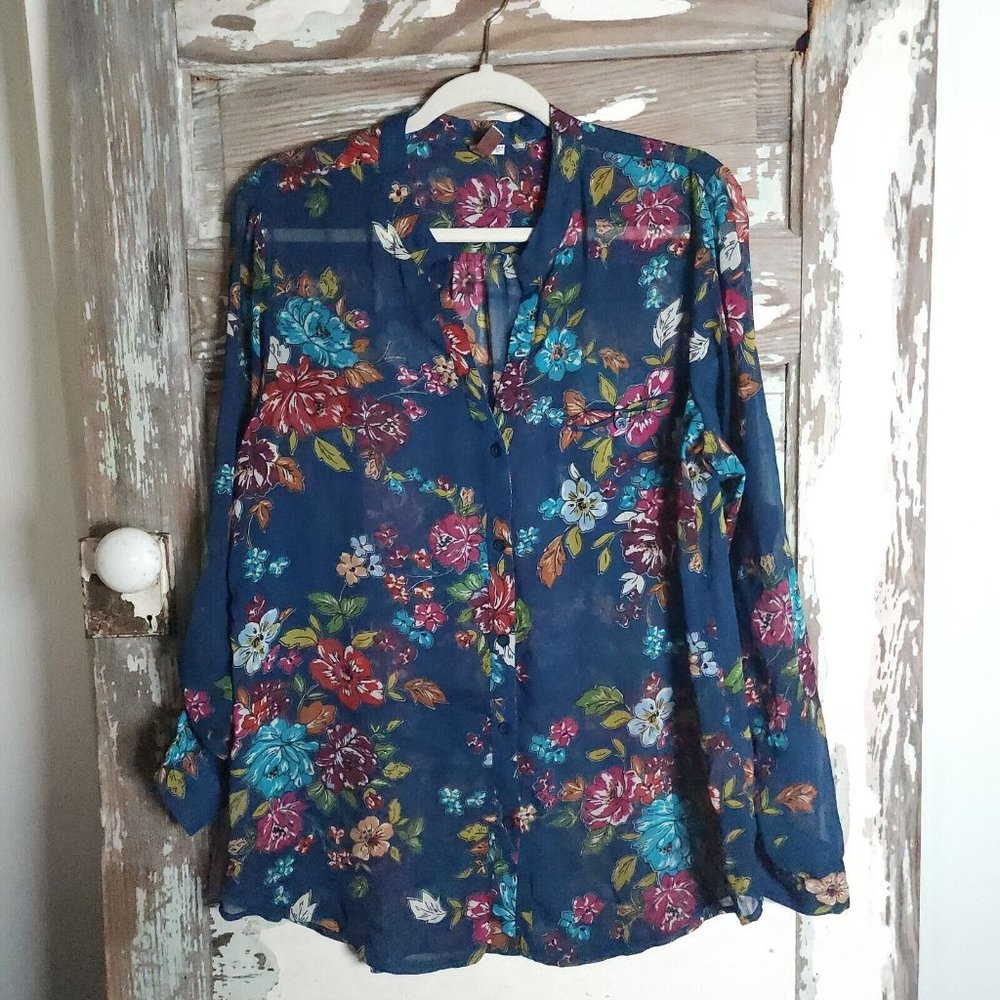 Kut From The Kloth Sheer Floral Long Sleeve Blouse Size XL Navy Blue
